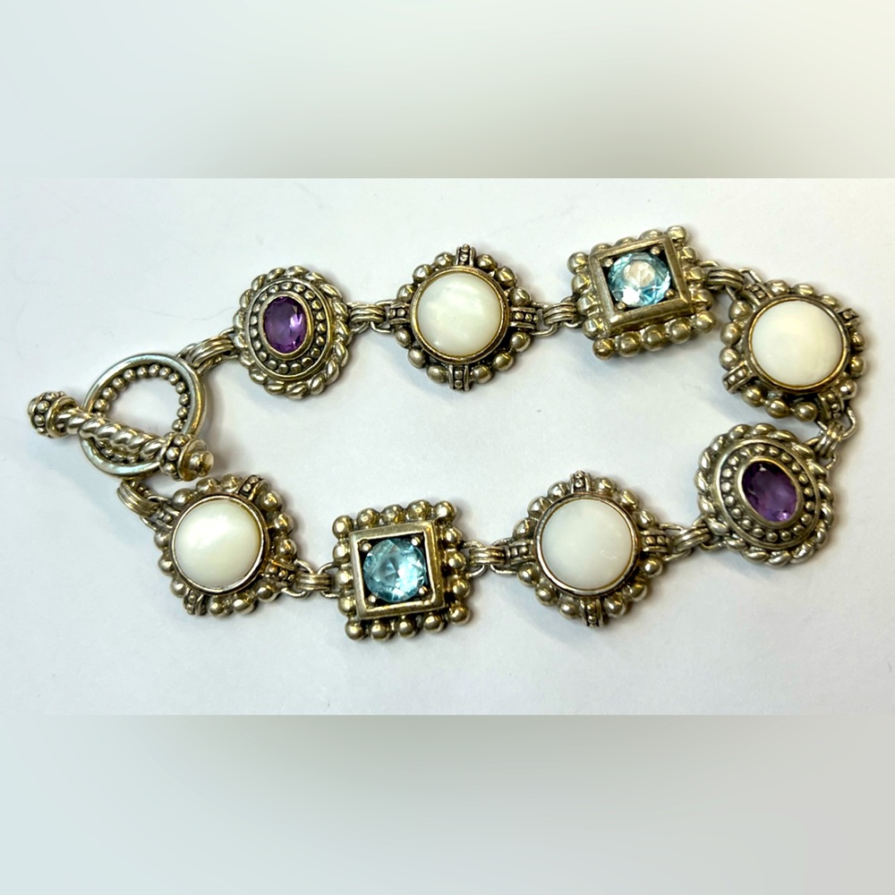 QVC Sterling Silver mother of pearl, amethyst, & blue topaz Toggle Bracelet